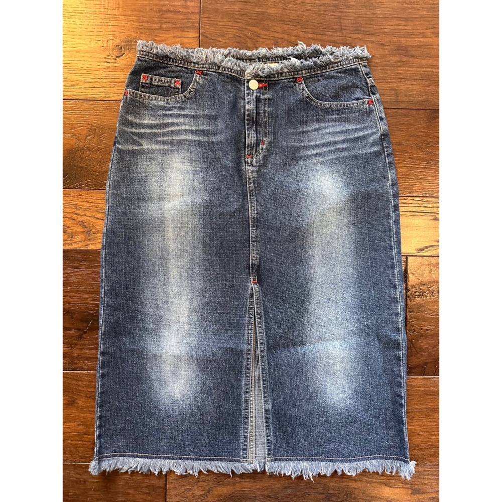 Paris Blues Originals Denim Midi Skirt Blue Raw Fringe Trim Red Stitching Size 7